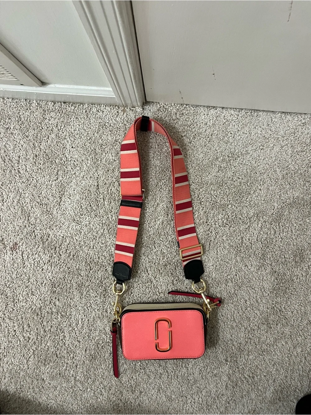 Marc Jacobs Coral-Pink Crossbody Camera Bag with Striped Strap